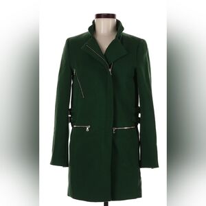 ZARA Dark Green Mock Neck Coat with Zipper And Buckle Gold Accents